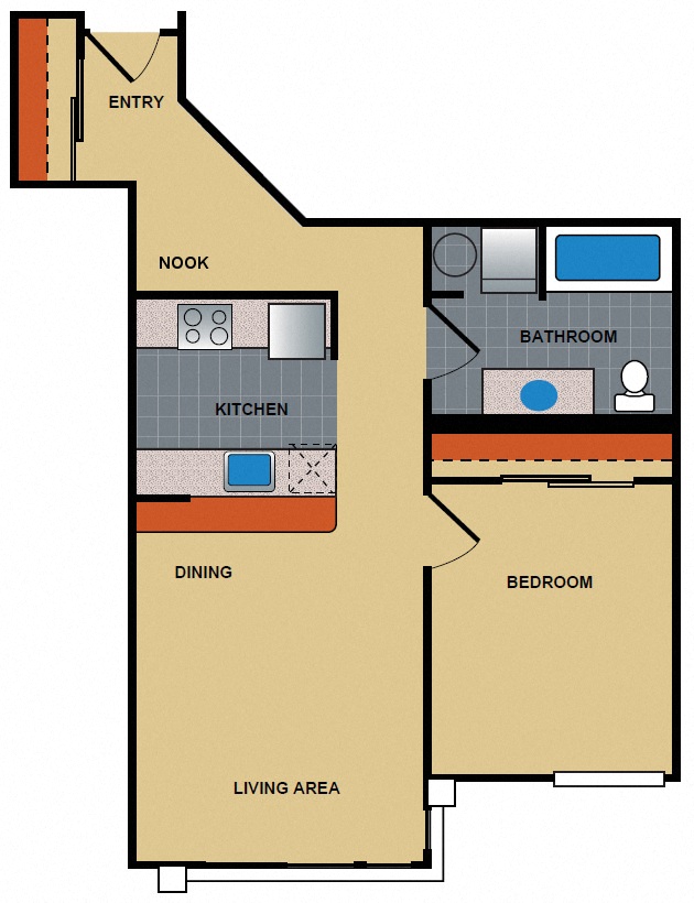 Floor plan for 1 bed, 1 bath, 647 sqft